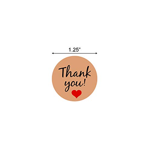 Mionno Kraft Paper 1.25" Round Thank You Stickers with Red Heart - 1000pcs/Roll Adhesive Labels for Decorative and Envelope Sealing, Gift Wrap, Birthday, Baby Shower, Wedding, Party (1 Roll)