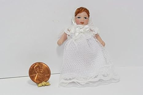 Amazon Com Dollhouse Miniature Red Haired Baby Doll In A White