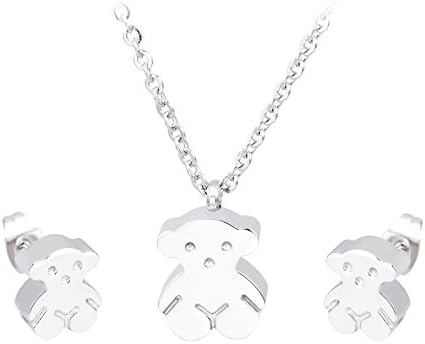 3 Sets Stainless Steel Bear Princess Necklace Pendant and Earrings Cute Bear Design Women Pendant Jewelry.Gifts for Her