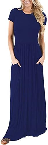 Leindr Women's Plus Size Prom Dresses Loose Fit Short Sleeve Round Neck Solid Color Floor Length Plain Long Maxi Tunic Dress with Pockets Navy L 12 14