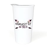 Ceramic Travel Coffee Mug with Lid (12 oz) - Namast'ay In Bed - Funny Mug - Gift for Women. Co-Worker, Friends or Family - Yoga, Meditation - Double Wall Ceramic - BPA-Free Lid - Dishwasher Safe