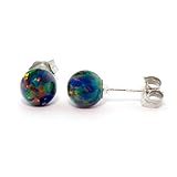 Aurora: 6mm Black Created Opal Ball Stud Post Earrings, Solid 925 Sterling Silver