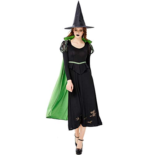 charmsamx Womens Halloween Witch Costume Classic Spellcaster Witch Cosplay Spooky Halloween Clothes Black Casual Dress with Witch Hat and Green Capes for Party Festival