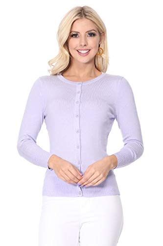 YEMAK Women's 3/4 Sleeve Crewneck Button Down Knit Cardigan Sweater CO079-BYL-L Baby Yellow - Thumbnail 2