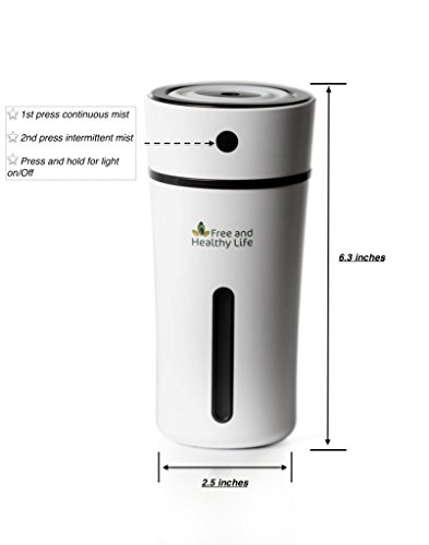 Free and Healthy Life Mini Humidifier Travel Portable Car Small Cool Mist Office Nightstand LED Light Ultrasonic Capacity 300ml - Black Accent