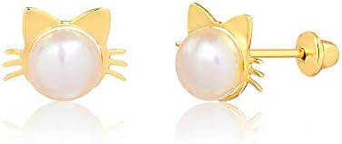 Carol Jewelry 14k Hypoallergenic Yellow Gold Cat Kitty Freshwater Pink Pearl Push Backs Stud Earrings for Girls, Children and Infants (6 mm)