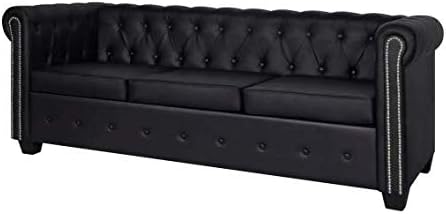 Chesterfield 3-Seater Artificial Leather Black Comfort Home Office Luxury Artificial Leather Upholstery + Wooden Frame 78.9" x 30" x 27.6" SKB Family