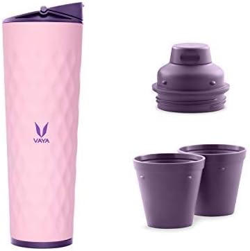 VAYA DRYNK Stainless Steel Water Bottle for Office, 600ml Insulated Water Bottle with Sipper, Gulper Lid, and 2 Tumblers, Hot and Cold Thermos Flask for Adults, Leakproof Travel Bottle,Pink