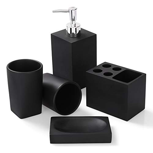 Bathroom Accessories Set, 5 Piece Resin Bathroom Sink Set, Toothbrush Holder, Liquid Soap Dispenser, Soap Dish, 2 Tumblers, Black - Thumbnail 7