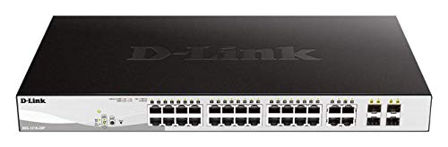 D-Link PoE+ Switch, 24 28 Port Fast Ethernet Managed Web Smart 2 Gigabit BASE-T and 2 Gigabit Combo BASE-T/SFP Ports (DGS-1210-28P)
