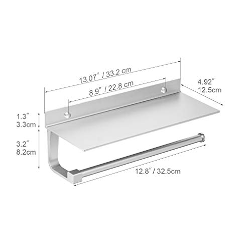 Hoimpro Paper Towel Holder Wall Mounted for Kitchen 13 Inch, Bathroom Tissue Roll Hanger with Mobile Phone Storage Shelf,Space Aluminum, Wall Mount with Screws, Dull Polished Silver - Thumbnail 2