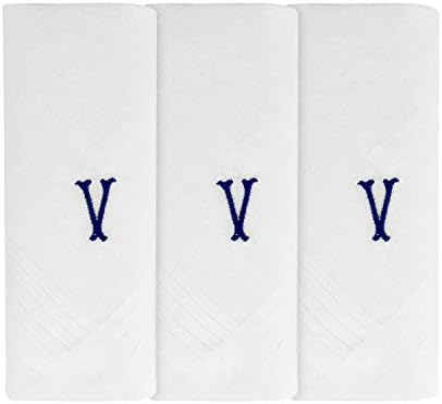 Hetherington GrayMens/Gentlemens 3 Pack Plain White Handkerchiefs With 1 Letter Name Initials, Letter V