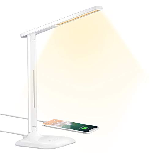 LED Desk Lamp, Eye-caring Table Lamp, Desk Light with 5 Brightness Levels and 5 Color Mode，USB Charging Port, Sensitive Control, 10W Power for Reading, Working, Painting, Sleeping in Home, Office