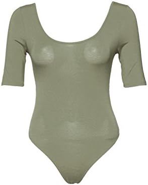 MIDNIGHT LOVERS Womens Solid 3/4 Sleeve Scoop Neck Low Back Bodysuit Leotard (Olive, Small)
