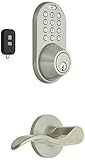 MiLocks XFL-02SN Digital Deadbolt Door Lock and Passage Lever Handle Combo with Keyless Entry via Remote Control and Keypad Code for Exterior Doors, Satin Nickel