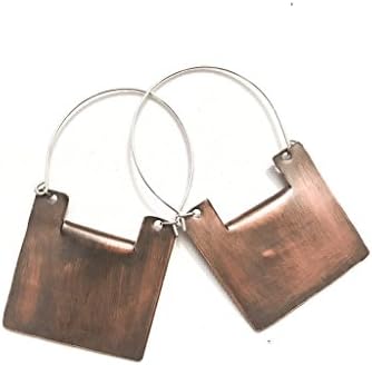 Yanira - Geometric Copper Dangle Square Statement Earrings 1 1/2 Wide 2 1/2 Long Sterling Silver Ear Wire - Gift for Her - Under 50 - Mixed Metal Jewelry