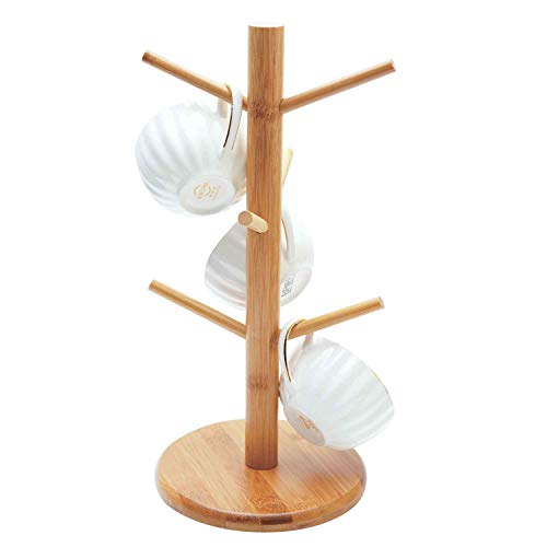 QILICHZ 1 Set Wood Bamboo Tree Shape Coffee Mugs Tea Cup Storage Rack Home Kitchen Mug Hanging Display Stand drinkware Organizer Shelf with 6 Hooks