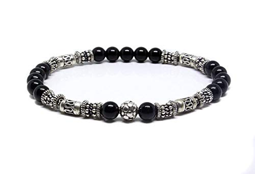 Black Onyx and Sterling Silver Bracelet, Bali Beads Bracelet, Men's Onyx Bracelet