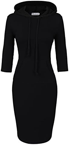 Women Hooded Dress 3/4 Sleeve Sweatshirt Pullover Stripe Keen Length Kangaroo Pocket Dress