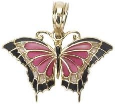 14k Yellow Gold Novelty Charm Pendant, Small Butterfly W Pink Stained Glass Wings