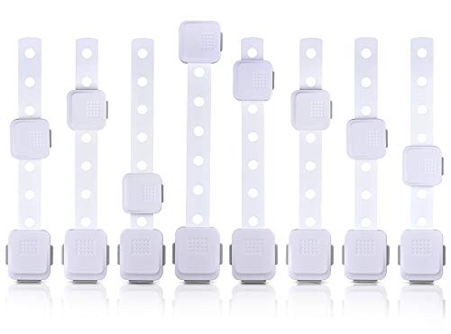 Child Proof Cabinets, Drawers, Appliances, Toilet Seat, Fridge and Oven Baby Safety Adhesive Locks with Adjustable Strap and Latch System | 8-Pack Grey