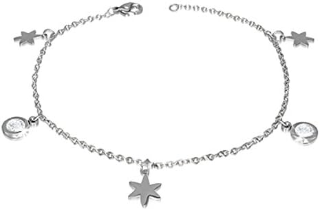 Stainless Steel Chain Link Anklet with Star and White CZ Charms