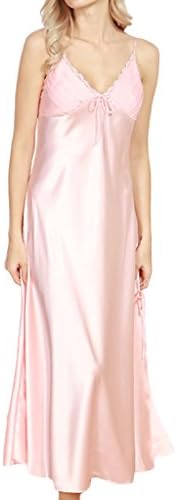 ASHER FASHIONWomen's Sexy Satin Long Nightgown Lace Slip Lingerie Chemise Robes