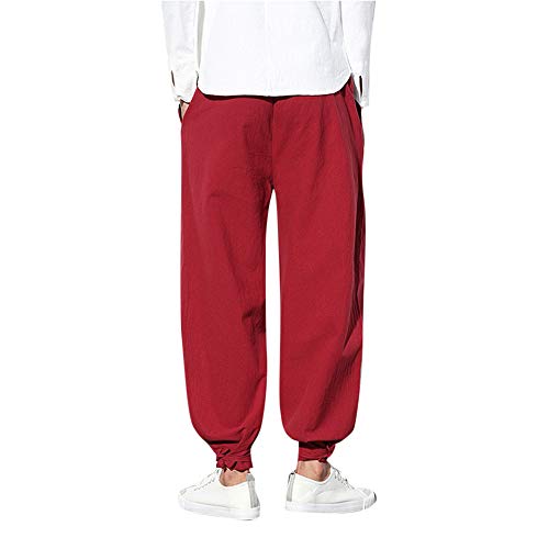 Mens Casual Trousers Cotton Linen Small Feet Loose Casual Lantern Harem Pants Red - Thumbnail 2