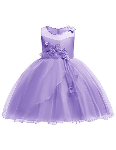JOYMOM Tulle Dress for Girls, Flower Girl Party Wedding Dresses Toddler Baby Floral Embellished Long Gown Tops Special Occasion Outfit Light Purple Size (120) 4-5 Years