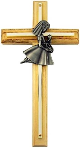 Girls First Communion Oak Wood and Brass Wall Cross with Fine Pewter Casting, 8 Inch