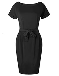 BOKALY - Vestido corte lápiz, longitud a la rodilla, para negocios, casual, con cinturón, elegante, vestido de fiesta con bolsillos