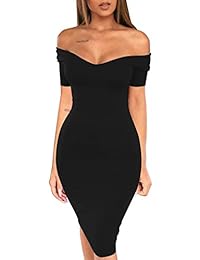 Vestido midi club de manga corta con cuello en V y hombros descubiertos sexy para mujer de LAGSHIAN