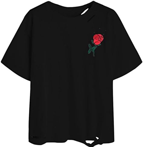 HongXander Women Summer Rose Embroidery Hole Blouse Short Sleeve T-Shirt (L, Black)