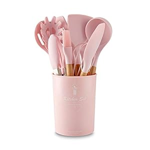 VOANZO Accesorios de Cocina Rosados: 11 Piezas, denso, con Fugas, espátula, Pala con Fugas, Cuchara de Sopa, Fideos, Cuchara Plana, espátula, Cepillo, batidor de Huevo, Clip para Alimentos.