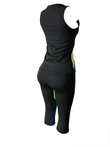 Women's Apparel Sports Gym Yoga Workout Activewear 2 Pieces Top+Leggings Set (L/XL = US Size 8-12, Blue/Green Black Mix)