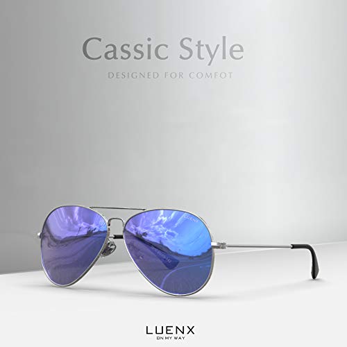 LUENX Men Women Aviator Sunglasses Polarized Mirrored Dark Blue Lens Silver Frame UV 400 60 MM with Accessories Classic Style
