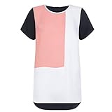 Womens Short Sleeve Casual Loose Chiffon Color Block Blouse Tops Shirts