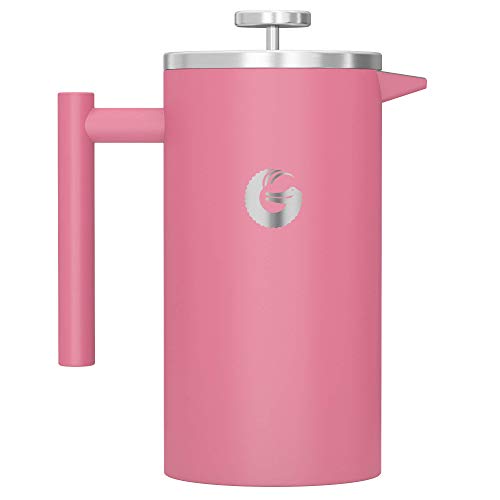 Coffee Gator French Press Coffee Maker - Less Sediment, Hotter-For-Longer Thermal Brewer - Plus Travel Jar - Large Capacity, Double-Wall Insulated Stainless Steel - 34 Ounce - Pink