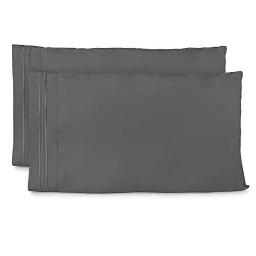 Pair Solid 2 Line Embroidery Charcoal Wrinkle Free Pillow Cases