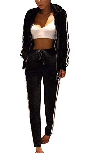TOP-MAX Women's Velour Stripe Jogging Zipped Hoodie, Fashion Sport Suit, Hoodie and Pants Sports Suits Tracksuits