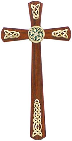12" Walnut Wood CrossWith Rosewood Veneer With Celtic Plaque And Adornments, Crystal Stones