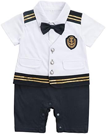 MetCuento Baby Boy Outfit Navy Nautical Sailor Stripe Bow Tie Newborn Infant Romper Onesie Summer Dress Suit