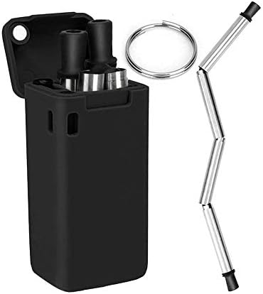 Opef Foldable Reusable Stainless Steel Straw Portable Metal Straw Keychain with Case (Black)