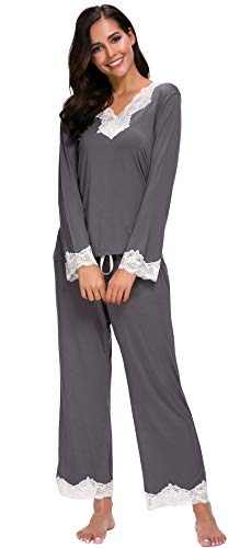 Jusfitsu Womens Cotton Pajamas Set Long Sleeve Top Shirt with Pants Sleepwear Modal Soft Loungewear Lace Grey M - Thumbnail 3