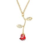 MUZHE Charm 3D Red Rose Flower Pendant Necklace, Romantic Rose Gift for Women, Beauty and The Beast Rose Jewelry, Gardeners Necklace (Gold Necklace)