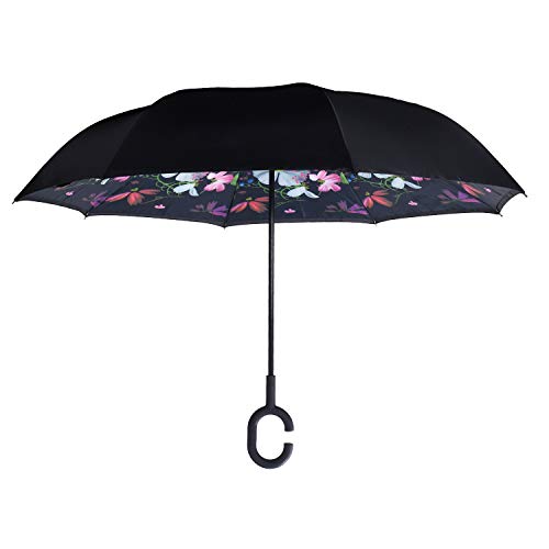 WASING Double Layer Inverted Umbrella Cars Reverse Umbrella, Windproof UV Protection Big Straight Umbrella for Car Rain Outdoor with C-Shaped Handle