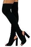 So Me Kristy Thigh High Over Knee Stretchy Lycra Open Toe Block Chunky Heel Boot Black