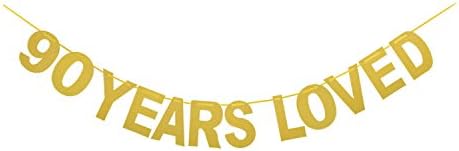 Qibote Gold Glitter 90 Years Loved Banner for 90th Birthday, 90 Wedding Anniversary Party Decorations