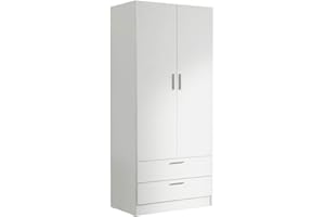 Madesa 2 Door 2 Drawer Storage Cabinet Wardrobe with Shelf and Hanging Space 31 Inch Wooden Armoire Closet Organization Unit for Bedroom and Office - White