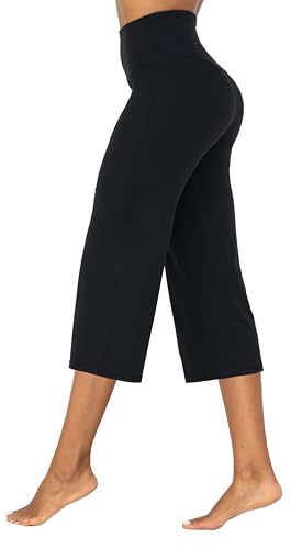 SUNZEL YOGA PANTS FOR WOMEN STRAIGHT WIDE LEG CAPRIS HIGH WAISTED LOUNGE CROP PANTS (21″ INSEAM, BLACK, L)